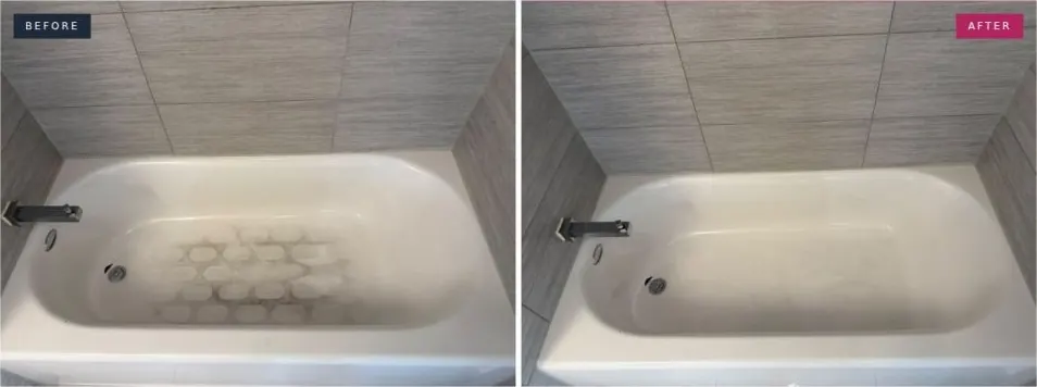 Before and after photo of the bathtub: Soap scum and mat stains lifted from the tub floor.