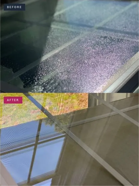 Before and after photo of the windows: Hard-water spots gone. Nothing between you and the view.