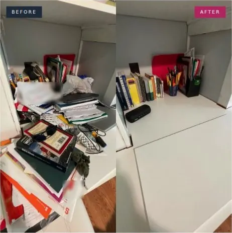 Before and after photo of the desk: Cleared, dusted and neatly put back in order.