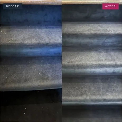 Before and after photo of the carpeted stairs: Debris and lint vacuumed from every step.