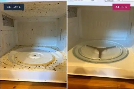 Before and after photo of the microwave: Splatter and baked-on stains removed inside and out.