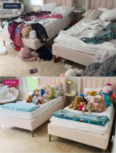 Before and after photo of the kids' bedroom: Clothes picked up, beds made, toys tucked in.