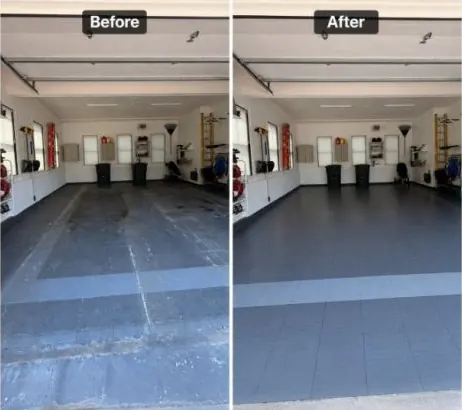 Before and after photo of the garage floor: Dirt, residue and stains cleared from the tile floor.