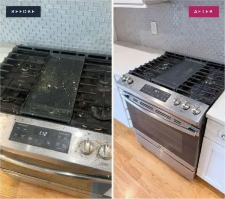 Before and after photo of the gas range: Griddle, grates and control panel detailed.