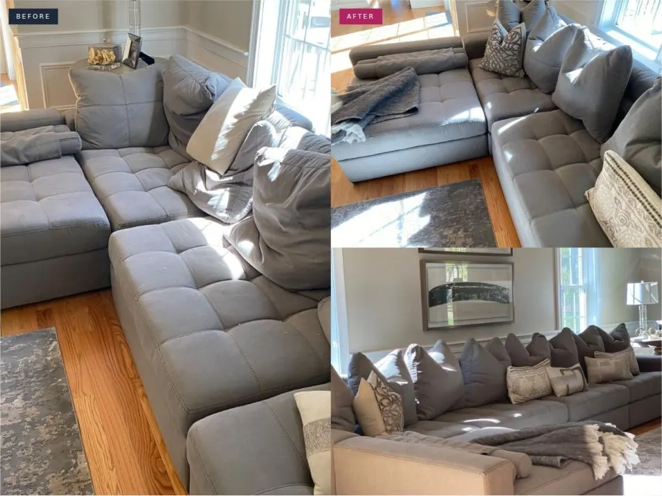 Before and after photo of the sectional sofa: Lint lifted, cushions fluffed and arranged.