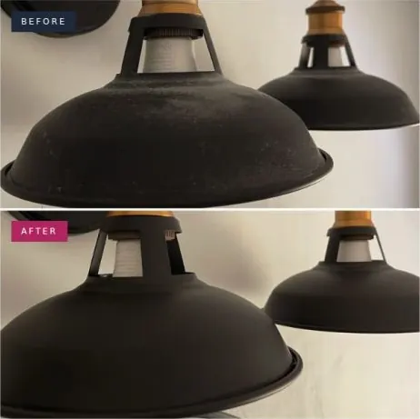 Before and after photo of the pendant lights: Dust and grime wiped from every shade.