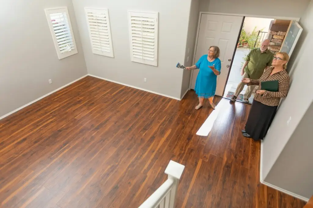 Female Real Estate Agent Showing Senior Adult Couple A New Home