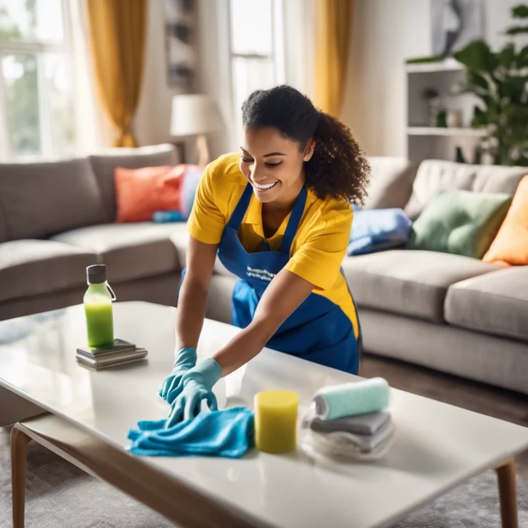 A professional cleaner wiping down a coffee table in a bright, clean living room, showcasing eco-friendly and thorough residential cleaning services