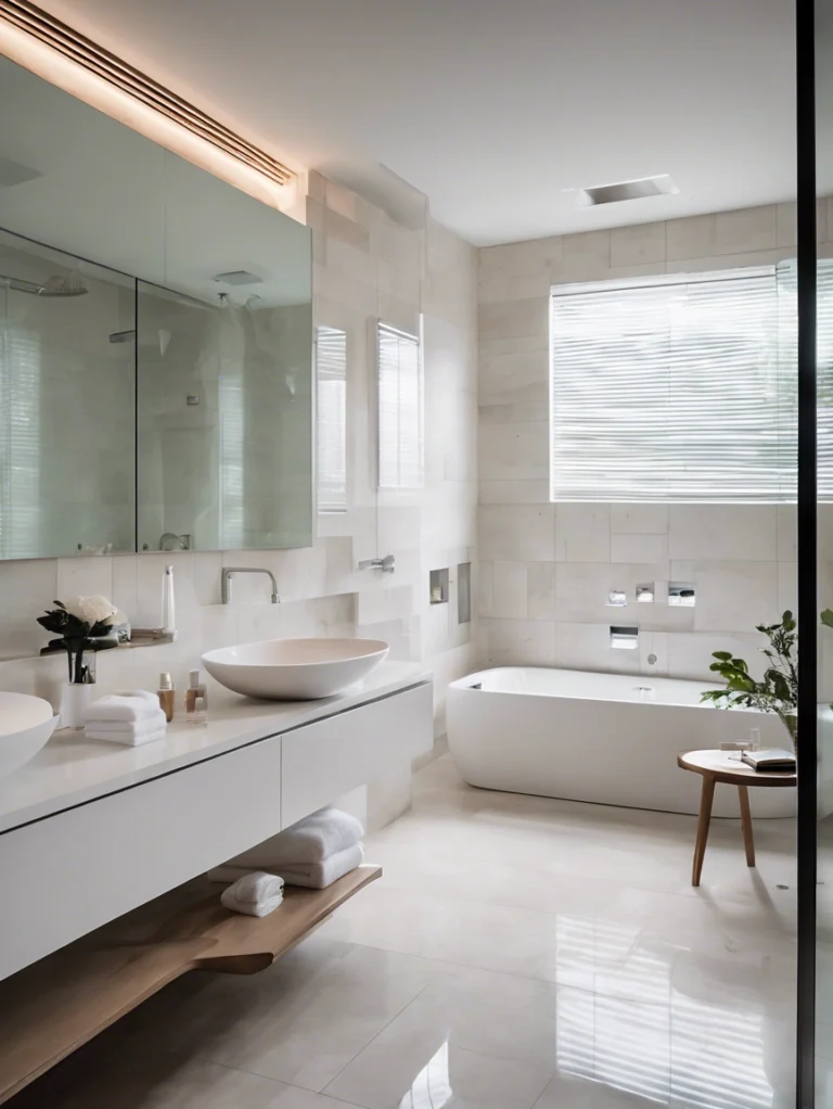 A spotless modern bathroom with a clean vanity, freestanding bathtub, and polished surfaces, showcasing professional bathroom cleaning services