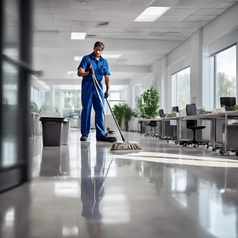 A janitor mopping the floor in a bright and spacious office, showcasing professional janitorial services for commercial spaces