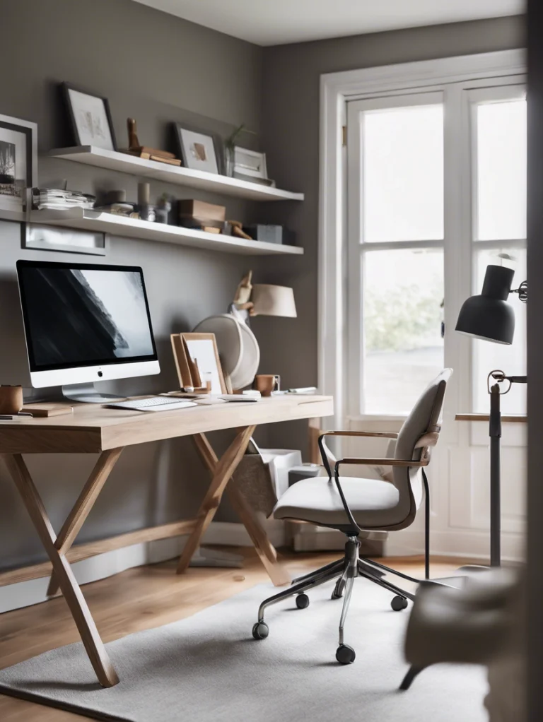 A clean and organized modern home office with a wooden desk, ergonomic chair, and neatly arranged shelves, showcasing professional home office cleaning services