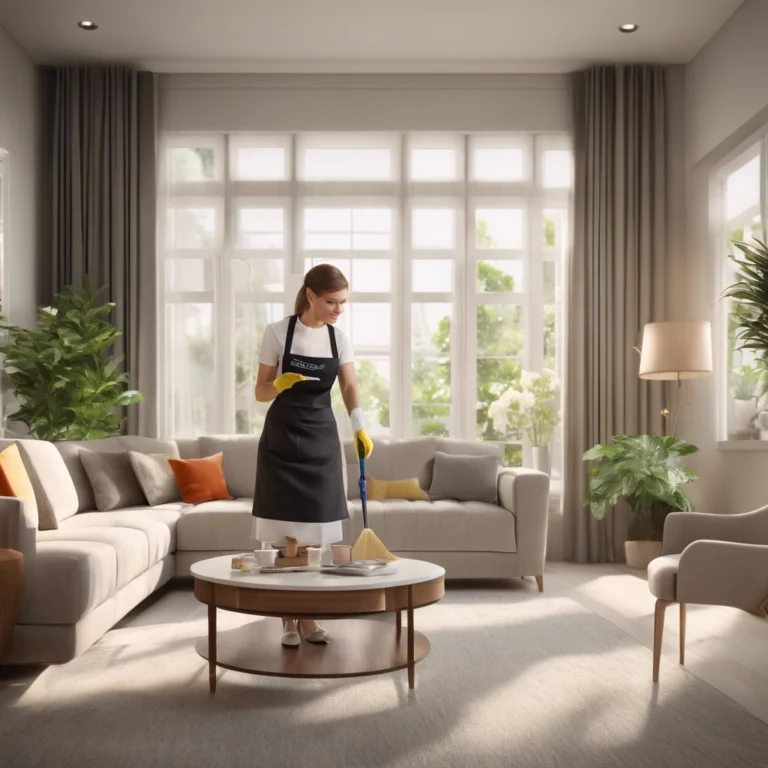 A professional maid cleaning a bright and organized living room, showcasing expert maid services for a spotless home