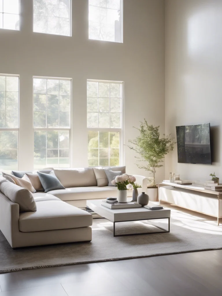 A bright and spacious living room with a clean sectional sofa, modern coffee table, and large windows, showcasing professional living room cleaning services