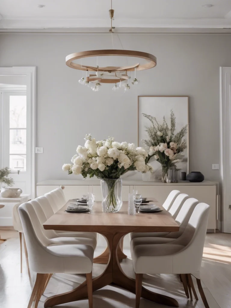 An elegant dining room with a polished wooden table, fresh floral centerpiece, and neatly arranged chairs, showcasing professional dining room cleaning services