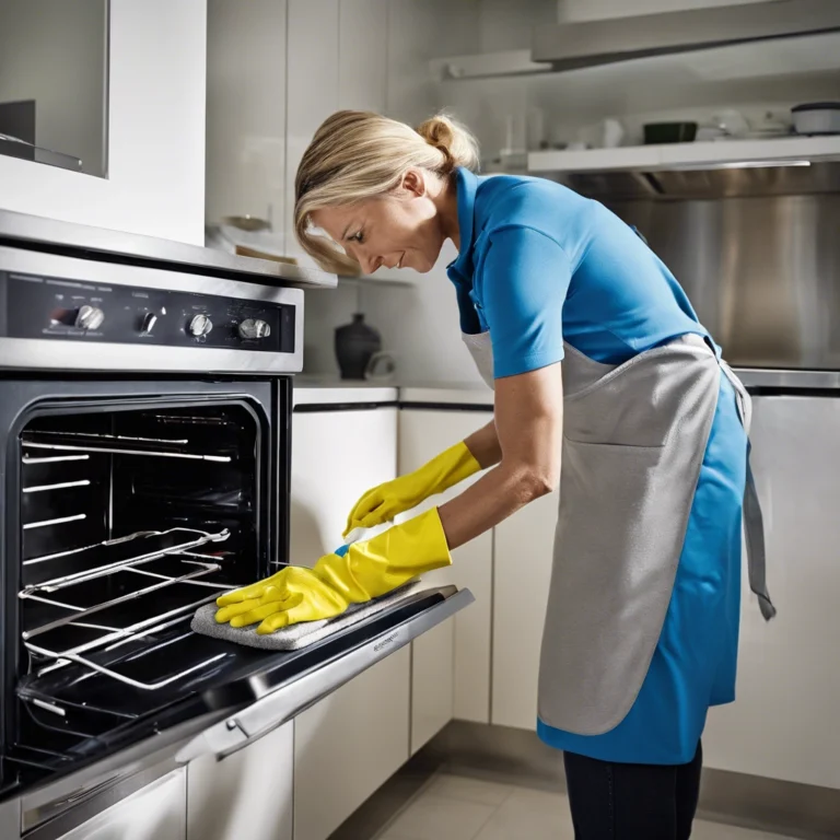 A professional cleaner scrubbing the inside of an oven as part of a thorough deep cleaning service