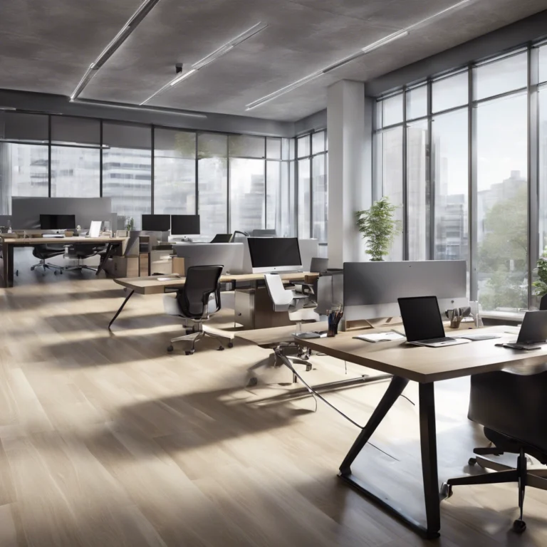 A modern and clean commercial office space with organized desks and large windows, showcasing professional office cleaning services