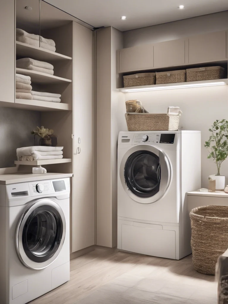 A tidy laundry room with neatly folded towels, organized shelves, and modern washing machines, showcasing professional laundry room cleaning services