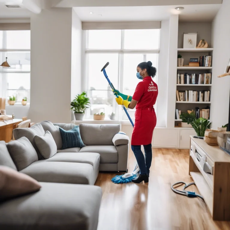 A professional cleaner mopping the floor in a well-furnished living space, showcasing expert Airbnb cleaning services for a spotless rental