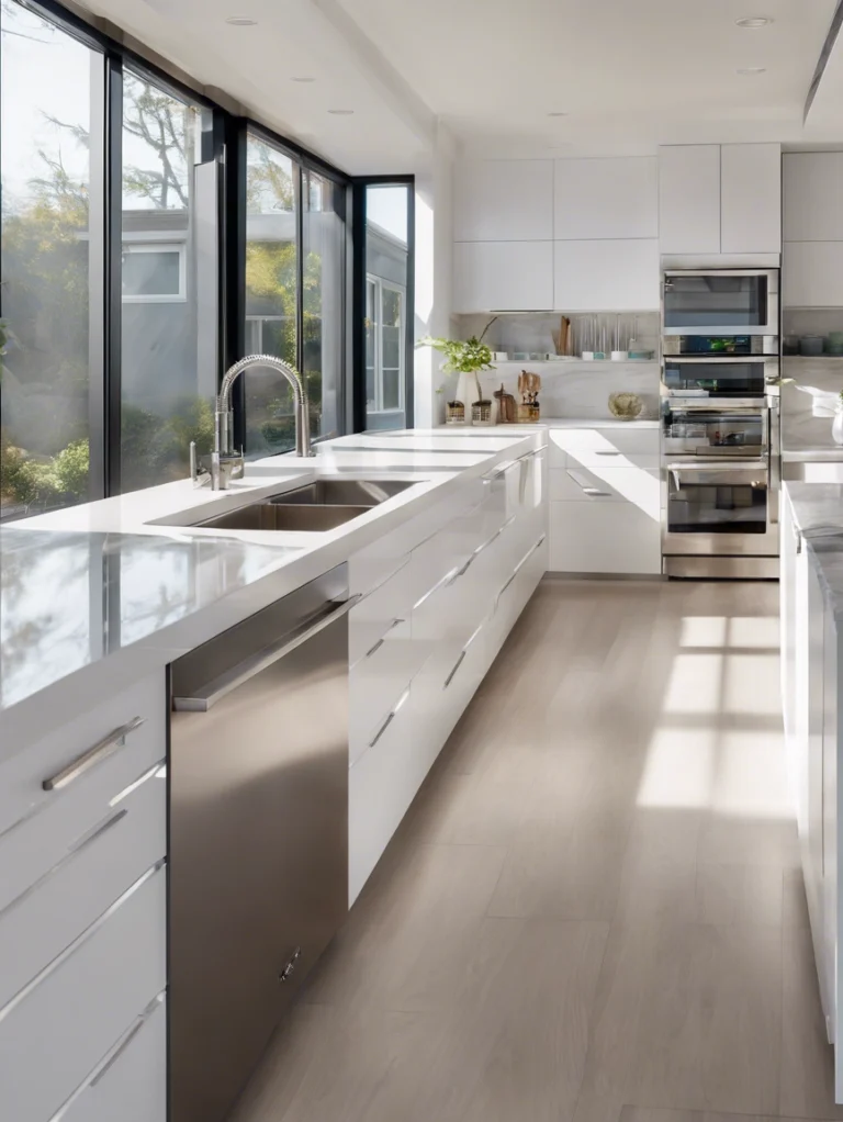 A sleek modern kitchen with spotless countertops, stainless steel appliances, and natural light, showcasing professional kitchen cleaning services