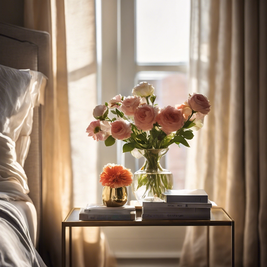 Fresh flowers in a vase on a clean and organized nightstand next to a neatly made bed in a cozy bedroom