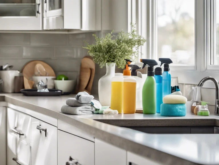 A clean and organized kitchen countertop with cleaning supplies, fresh towels, and natural light, showcasing a tidy and hygienic space